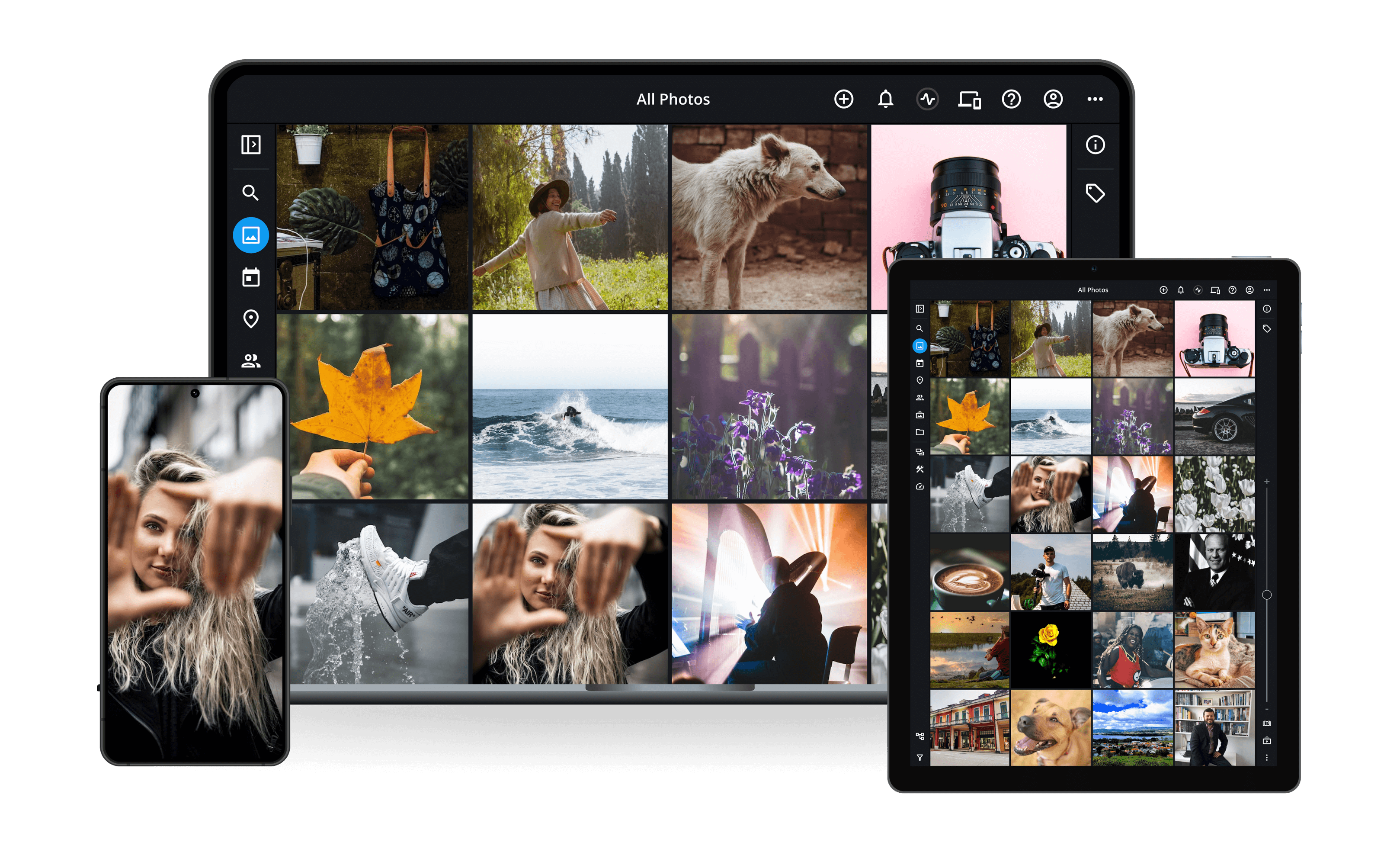 Mylio Photos running on a laptop, tablet and phone, showing the All Photos grid view