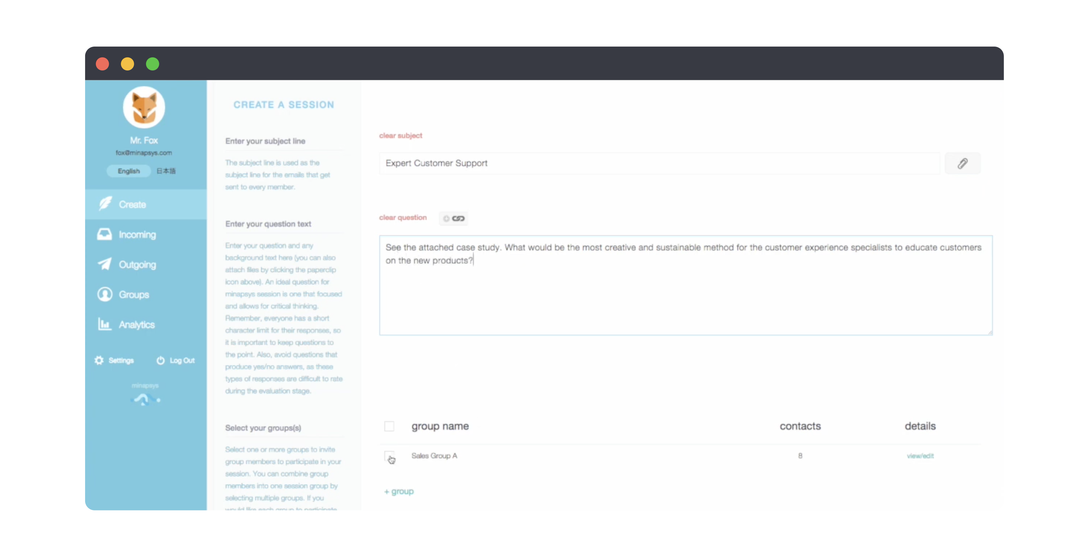 The Minapsys web app Create a Session screen, with navigation, guidance text and a question form