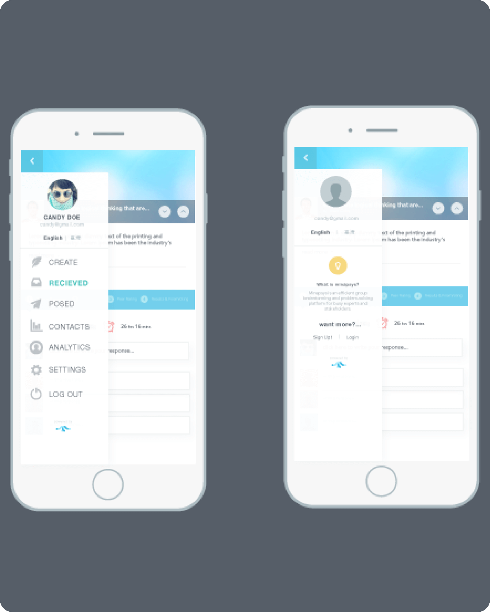 Two mobile screens of the Minapsys app showing the slide-out navigation menu and an introductory panel