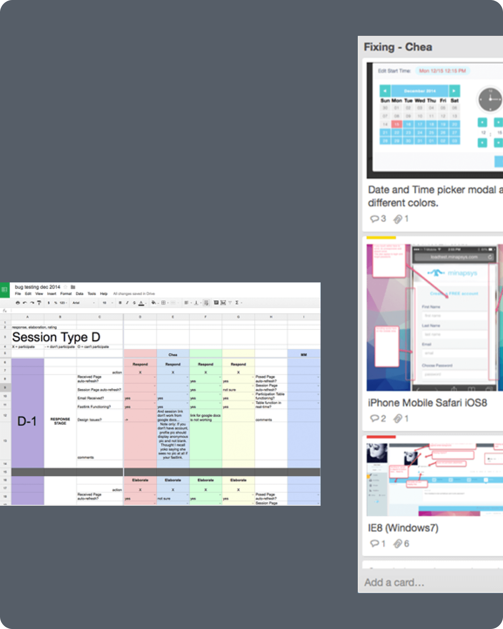 Project bug tracking: a test-matrix spreadsheet alongside a Trello board of browser and device issues