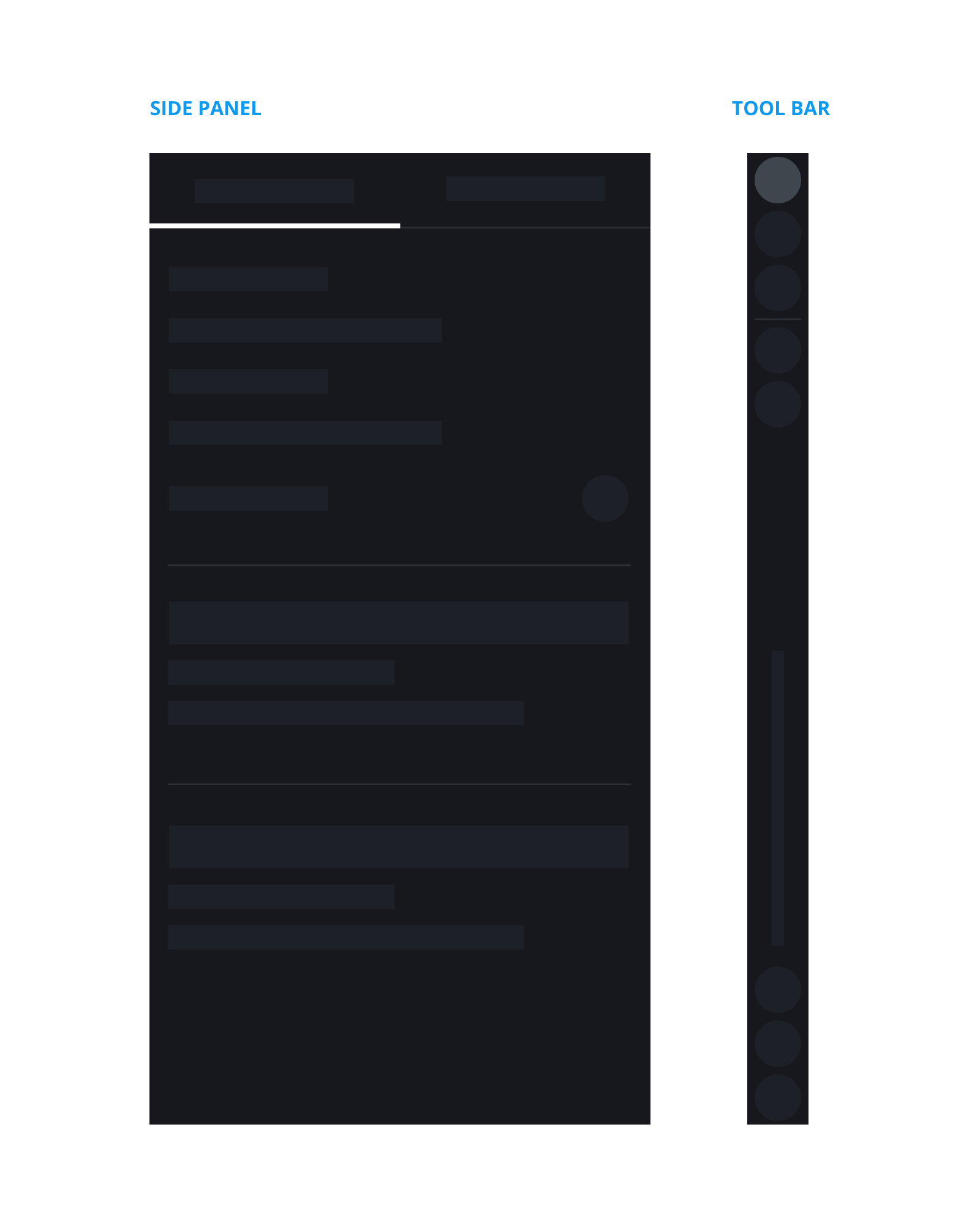 Low-fidelity wireframe separating the side panel from a persistent vertical tool bar